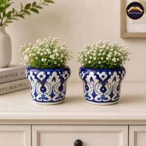 set of 2 handmade blue pottery mini ceramic planters with white floral design | indoor decorative flower pots for home & office