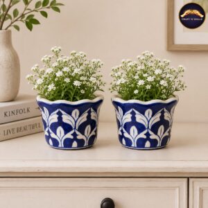 handmade blue pottery ceramic flower planters | blue & white decorative indoor plant pot for home & office décor