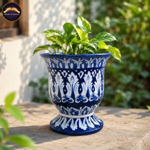 10 inch handmade blue pottery pedestal planter | decorative ceramic flower pot for indoor & outdoor plants