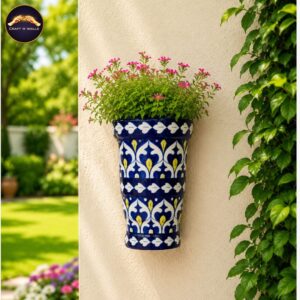 handcrafted blue pottery wall hanging planter | ceramic wall mounted flower pot | traditional pakistani blue pottery home & garden décor