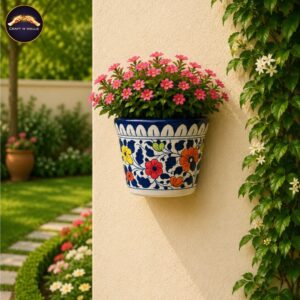 6 inch handcrafted blue pottery wall hanging planter | floral ceramic wall pot for indoor & outdoor home décor | handmade pakistani pottery
