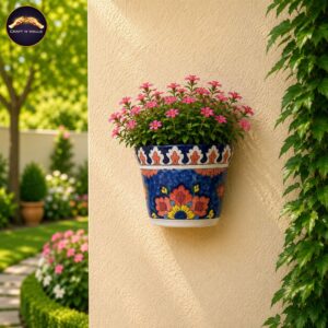 6 inch handcrafted blue pottery floral wall hanging planter | premium ceramic wall mounted flower pot | pakistani handmade home & garden décor