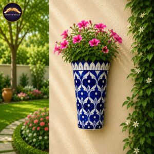 9 inch handcrafted blue pottery tall wall hanging planter | ceramic wall mounted flower pot | premium pakistani blue pottery home & garden décor