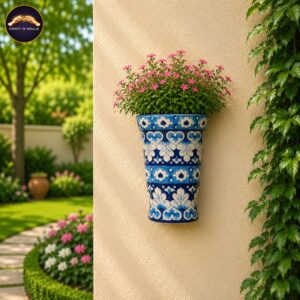 9 inch handcrafted blue pottery tall wall hanging planter | premium ceramic wall mounted flower pot | handmade pakistani home & garden décor