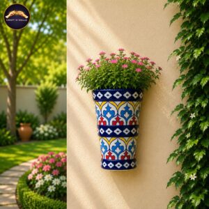 9 inch handcrafted blue pottery tall wall hanging planter | multicolor ceramic wall mounted flower pot | handmade pakistani home & garden décor