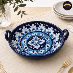 handcrafted blue pottery serving bowl with handles – decorative ceramic serving dish for snacks, salads & desserts