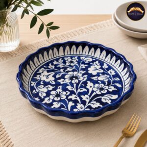 handcrafted blue pottery floral serving dish – premium ceramic snack, dessert & appetizer plate | artisan tableware