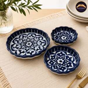 handcrafted blue pottery serving dish set of 3 – floral ceramic snack, dessert & serving plates | handmade home & dining decor
