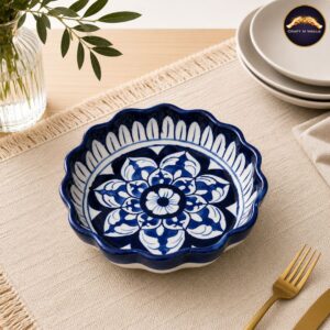 handcrafted blue pottery ceramic serving bowl – floral scalloped blue & white dish | decorative snack, dessert & fruit bowl