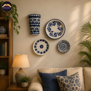 handcrafted blue pottery wall decor set of 4 – blue & white decorative plates with wall planter