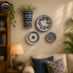 handcrafted blue pottery wall decor set of 4 – blue & white decorative plates with wall planter