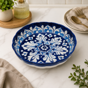 handcrafted blue pottery ceramic decorative serving dish – blue & white floral pattern