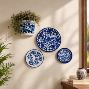 handmade blue pottery wall hanging plates set of 3 with wall planter | blue & white floral decorative wall art