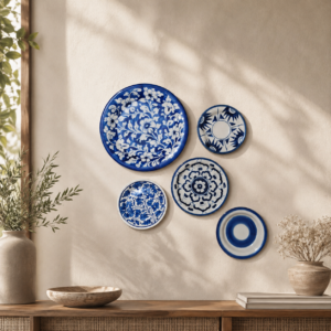 handmade blue pottery wall hanging plates set of 5 | decorative ceramic wall art