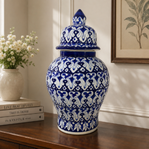 23 inch handmade blue pottery ginger jar with lid | blue & white floral decorative ceramic jar