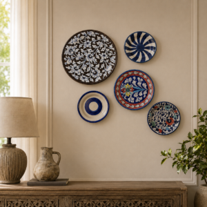 5 pieces handmade blue pottery wall plate set – 9.5, 8 & 6 inch decorative ceramic plates