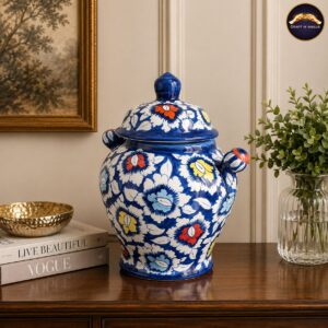 10 inch handcrafted blue pottery floral ginger jar with lid – decorative ceramic chinese jar for living room & home décor