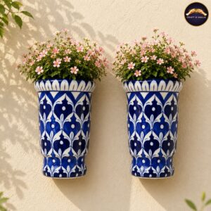 set of 2 handmade blue pottery wall planters – 9 inch ceramic hanging flower pots for indoor & outdoor wall décor | geometric blue design