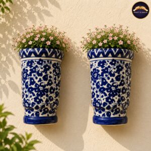 set of 2 handmade blue pottery wall planters – 9 inch ceramic hanging flower pots for indoor & outdoor wall décor