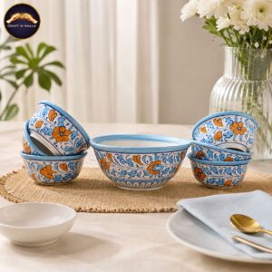 handcrafted blue pottery dessert bowl set of 7 – floral ceramic serving bowls for ice cream, desserts, snacks & dining table