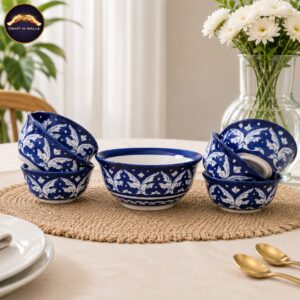 handcrafted blue pottery dessert bowl set of 7 – navy blue ceramic serving & dessert bowls for ice cream, fruits, snacks & dining