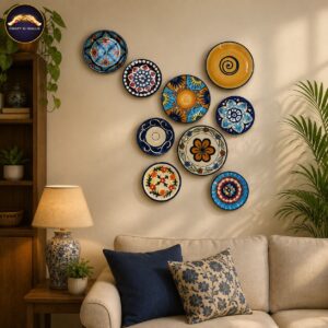 handcrafted blue pottery wall plates set of 9 – multicolor decorative plate wall art for living room & home décor