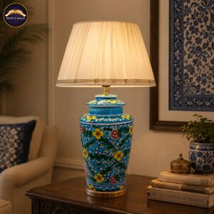handcrafted blue pottery table lamp with floral pattern & fabric shade