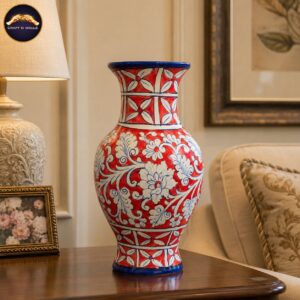 16 inch handcrafted red blue pottery vase – red & white floral decorative vase with blue detailing for home décor