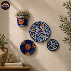 handcrafted blue pottery wall decor set with decorative plates & 6 inch wall planter | pakistani ceramic wall art