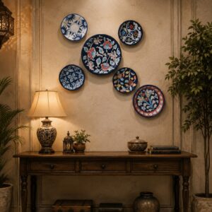 handmade blue pottery wall plates set of 6 – hand painted decorative plate set for wall décor