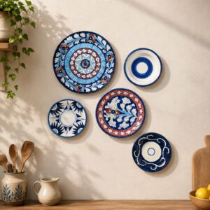 handmade blue pottery wall plates set of 5 – decorative ceramic plates in 9.5, 8 & 6 inches