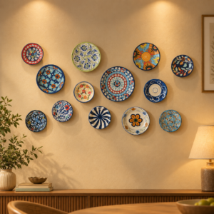 13 pieces decorative ceramic wall plates set | blue pottery style wall decor | 5–9.5 inch mixed size plate set