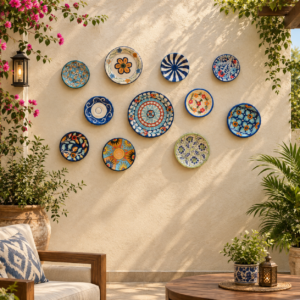 11 pieces decorative ceramic wall plates set | blue pottery style wall decor | 6–9.5 inch assorted plate set