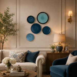 decorative blue ceramic wall plates set of 5 | modern wall art & home decor