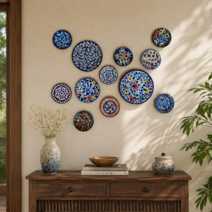blue pottery wall plates set – decorative ceramic wall hanging plates for home décor