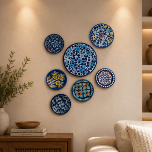 7 pieces blue pottery wall plates set – decorative ceramic wall hanging plates for home décor