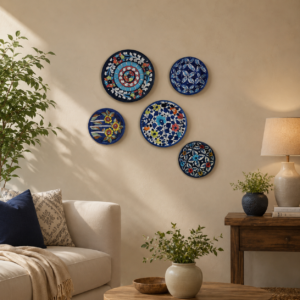blue pottery wall plates set of 5 – decorative ceramic wall hanging plates for home décor