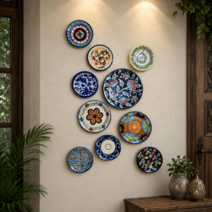 blue pottery wall plates set – 10 piece decorative ceramic plate collection