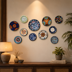 11 piece blue pottery wall plates set – decorative ceramic plate collection