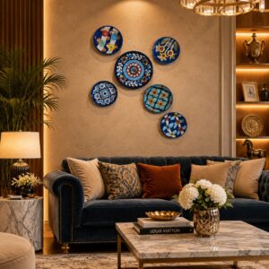 blue pottery wall plates set of 6 – decorative ceramic wall art for living room