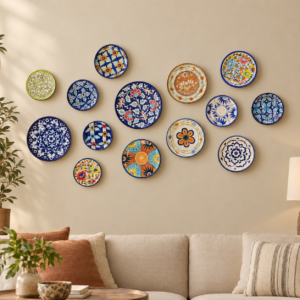 colourful ceramic plate gallery wall