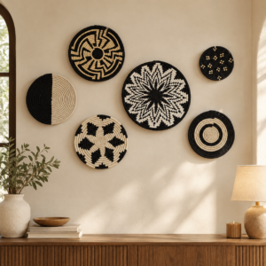 woven wall art above warm wooden console